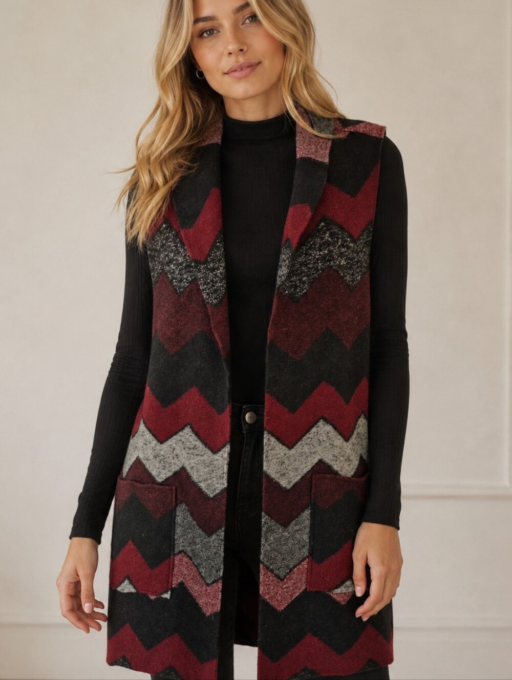 Tribal Sweater Vest Wool Blend Longline Sz L Western Aztec Ranch Chevron